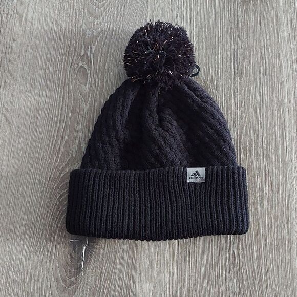 NEW Adidas Twilight II Lurex Ballie Pom Winter Fall Beanie Hat Black/Gold Youth - Picture 1 of 3